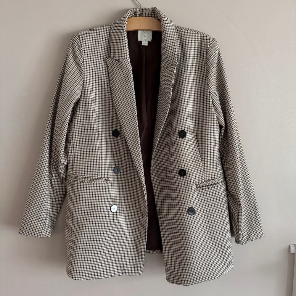 Joie Plaid Double Breasted Blazer Jacket Tan Neutral Size Extra Small XS - Picture 2 of 6